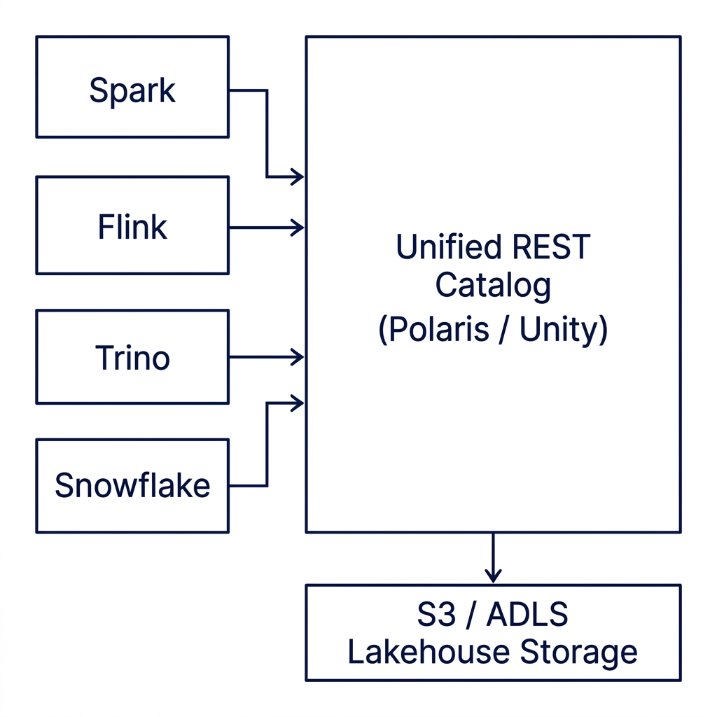 Architecture diagram showing multiple engines like Spark, Flink, Trino, and Snowflake communicating with a unified Iceberg REST Catalog control plane which delegates to S3 storage